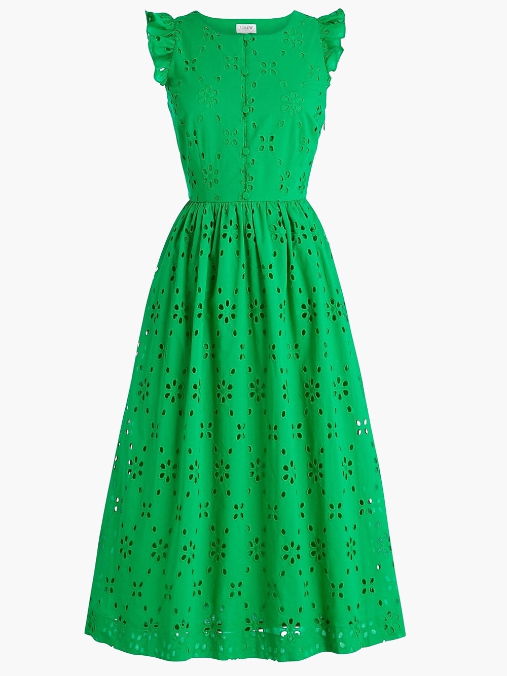 J. Crew Eyelet Shirt Dress Vintage Kelly Green Cotton Ruffle Button Front Midi